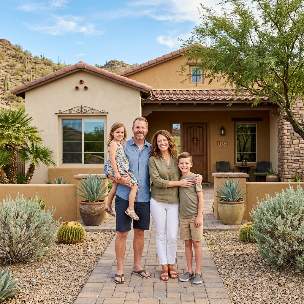 Family of four standing on brick walkway in front of desert-style house with cacti and shrubs